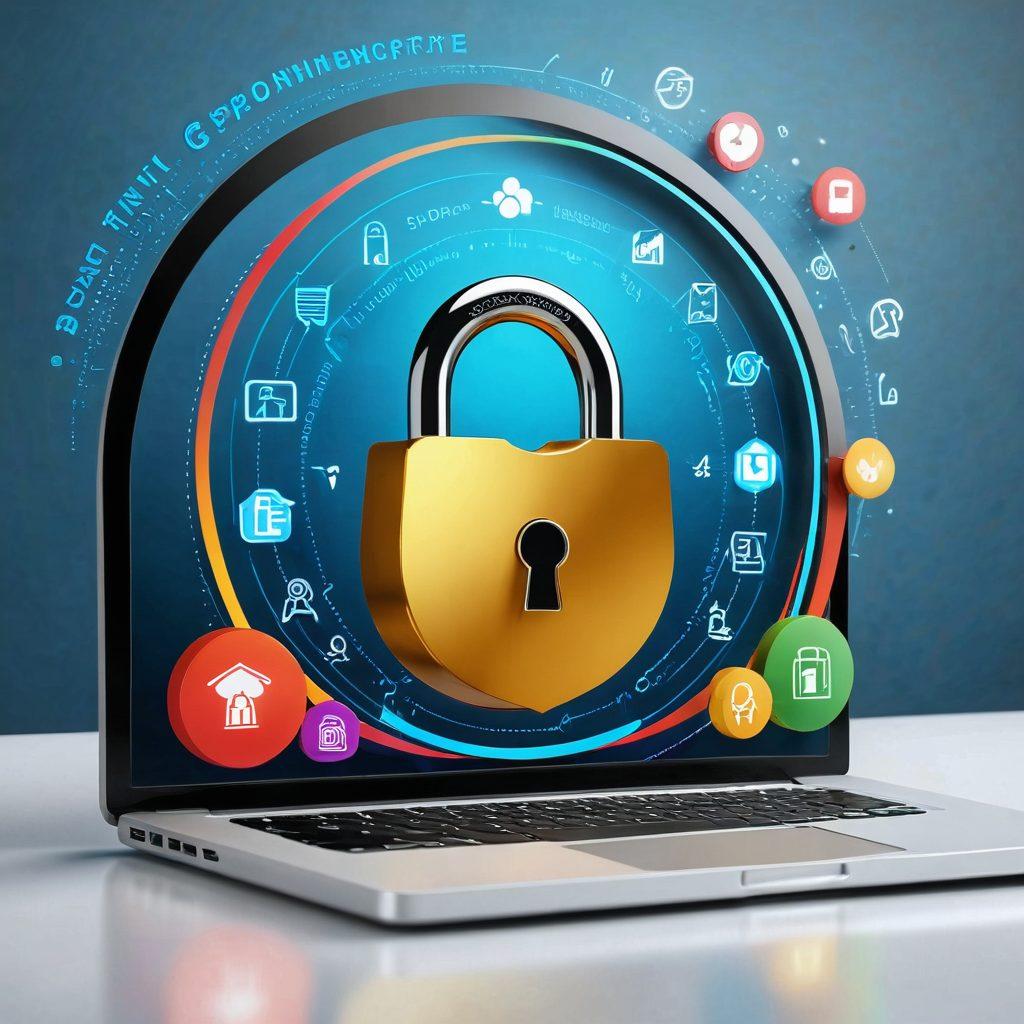 A visually engaging open padlock symbolizing 'unlocking potential', surrounded by digital icons representing blogging, personal growth, and digital marketing, such as a laptop, lightbulb, and growth chart. The background should be dynamic, with flowing lines depicting digital connectivity and creativity. Bright and vibrant colors for a motivational feel. super-realistic. vibrant colors.