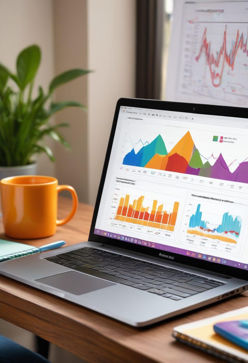 An eye-catching laptop screen displaying a colorful digital marketing dashboard, surrounded by a notepad with brainstorming doodles and a coffee cup, emphasizing creativity and strategy. Include elements like graphs, charts, and engaging blog posts on the screen, all set in a cozy workspace with warm lighting. vibrant colors. super-realistic.